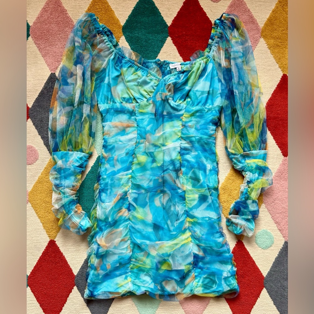 Turquoise Brunching Daily Ruched Mini Dress - Size M